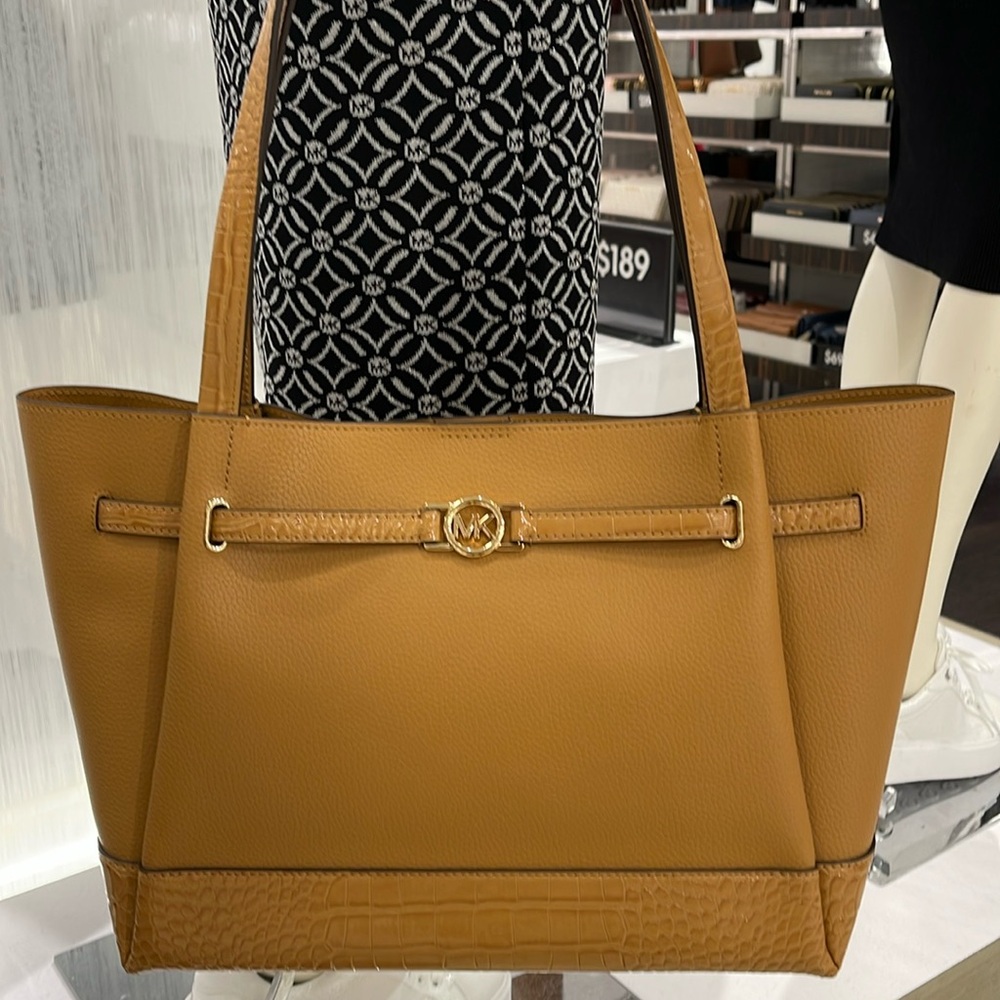 Michael Kors Reed Large Leather Belted Satchel Shoulder Handbag Deer Crocodile